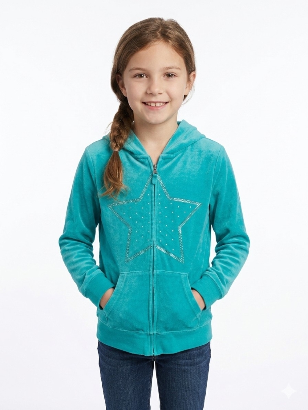 Teal Hooded Zip-Up with Star Accent & Pockets Girl's Size XL/TG (14-16)